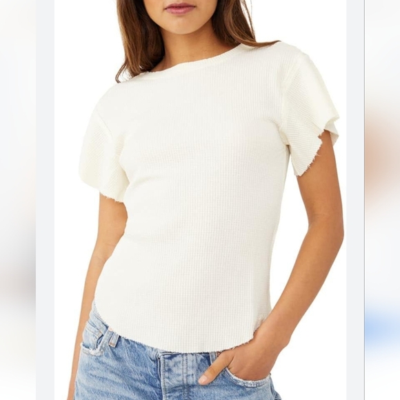 Urban Outfitters Free People Womens White What's Up Baby Waffle Tee Size Large - Picture 1 of 11
